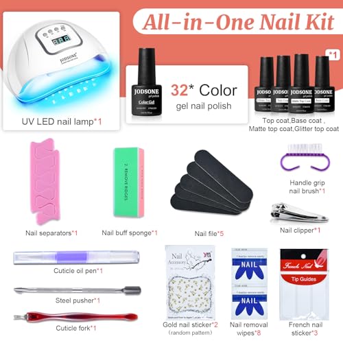 JODSONE Gel Nail Polish Kit with U V Light 32 Colors with Base Coat Matte Glitter Top Coat Gel Nail Set Manicure Salon Tools - color: rainbow candy a01
