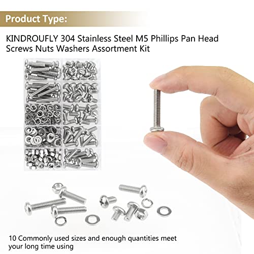 242 Pieces M5 x 6/8 /10/12 /16/20 /25mm Phillips Pan Head Machine Screws Nuts Washers Assortment Kit, 304 Stainless Steel, Fully Machine Thread - size: M5