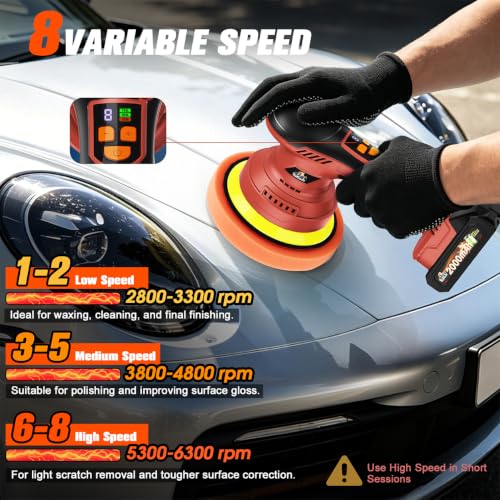 Cordless Dual Action Car Buffer Polisher, 8-Speed, 2*21V Batteries - color: Red