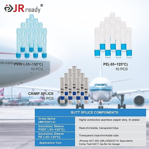 JRready ST6385-16-10 Blue Heat-Shrink Crimp Butt Splice 20-16 AWG (M81824/1-2 Equivalent), Solderless Connector with Alternative Temp. Heat Shrinkable PVDF(-55~150°C) and PE (-55~125°C) Tube - color: 16#Blue-10Sets