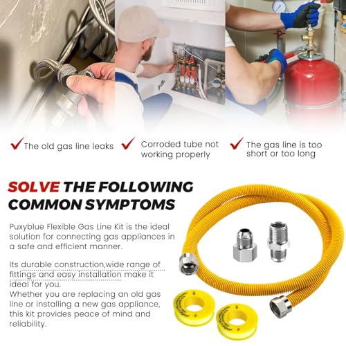 Puxyblue [2026 NEW] 48" Flexible Gas Line Kit for Dryer Stove Range Water Heater - 1/2" OD(3/8" ID) Flexible Stainless Steel Gas Dryer Kit Come with 1/2" MIP x 1/2" FIP Additional Raw Belt - size: 48 inches