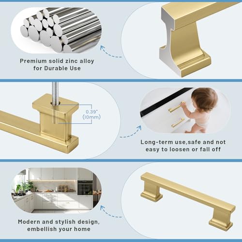KNOBWELL 6 Pack Brushed Gold Solid Cabinet Pulls 3-3/4 Inch(96mm) Hole Center Kitchen Cabinet Handles,Cabinet Hardware for Cupboard Drawer Pulls - color: Brushed Gold, size: Hole Center：3-3/4 inch（96mm）