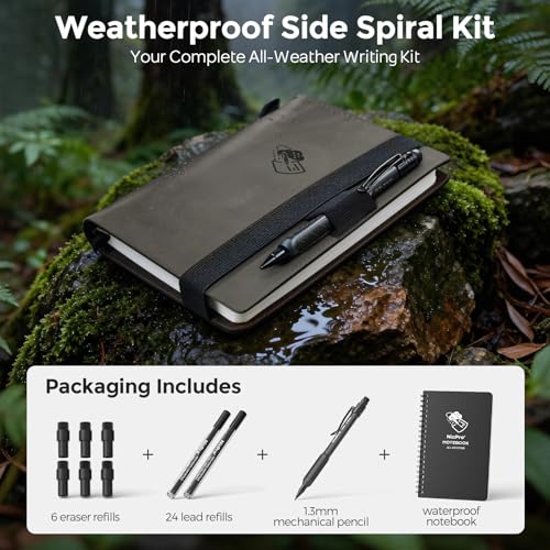 Nicpro Waterproof Notebook with Mechanical Pencil 1.3mm, TPU Fabric Cover | 4.8"x7" Stone Paper Notebook, 1.3mm Carpenter Pencil with Lead Refill & Eraser for Outdoor Journal Travel Drafting Drawing - style: HD1000 Mechanical Pen