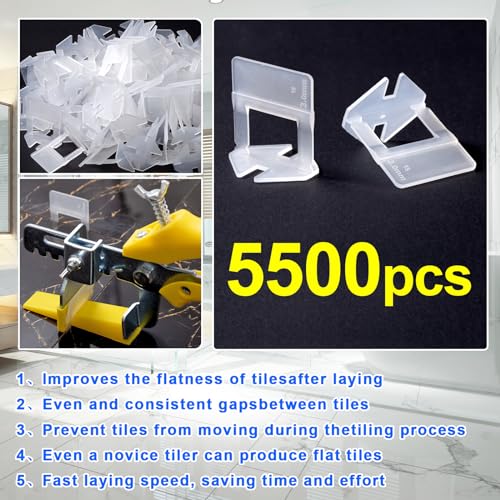 Tile Leveling System Clips Tiles Leveler Spacers Tile Clips 1/8 inch Tile Spacer 5500 Piece and 16 oz Rubber Mallet Hammer .Tile Tools Set for Professional Ceramic and Stone Installation - color: 5500