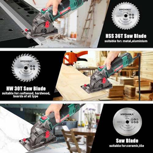 HYCHIKA Mini Circular Saw, Compact with 3 Blades 4A Pure Copper Motor, Scale Ruler, 3-3/8”4500RPM Ideal for Wood, Soft Metal and Plastic Cuts