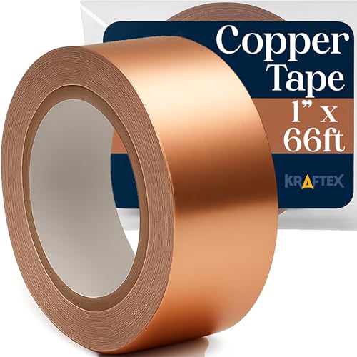 Kraftex Copper Tape [1 Inch x 66ft] – Conductive Copper Foil Tape with Adhesive for Stained Glass, Slug Barrier, Guitar Shielding & Faraday Cage - size: 1" × 66 ft