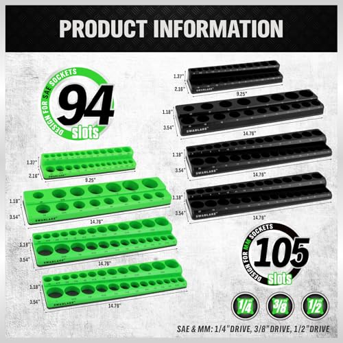 Magnetic Socket Organizer Holder Tool: 8PCS Set includes 2PCS 1/4", 4PCS 3/8", 2PCS 1/2" Drive Socket Storage Trays Toolboxs, Holding 199 Slots Soft Rubber Covering Black Green (sockets not included) - style: 8PCS Green/Black