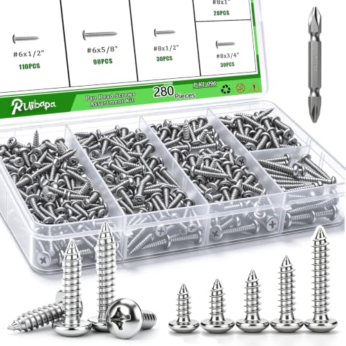 280Pcs Pan Head Wood Screws Assortment Kit,304 Stainless Steel Self Tapping Wood Screws #6/#8 Screw Kit,Round Head Screws Phillips Drive, Sheet Metal Screws - size: 280PCS-SV