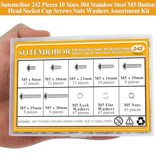 242 Pieces M5 Screws Nuts Washers Set, Sutemribor M5 x 8/10/12/16/20/25/30mm Button Head Socket Cap Screws Nuts Washers Assortment Kit, 304 Stainless Steel, Fully Threaded - size: M5 Screws Kit, style: Button Head