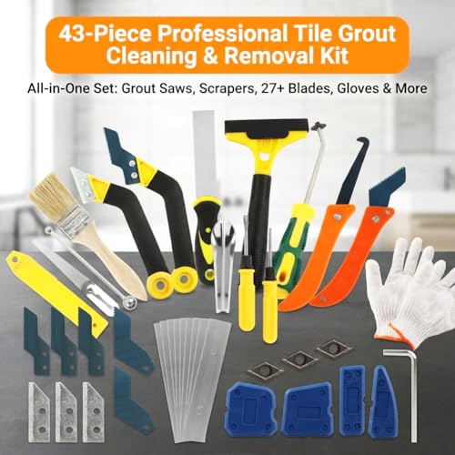 43 Pack Grout Removal Tool Kit, Tile Grout Cleaning & Caulk Remover Set with Scrapers, Saws, Blades & Gloves, Ergonomic Floor Tile Cleaning Tools for Bathroom, Kitchen, Shower