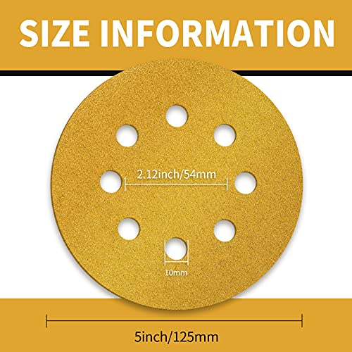100 Pcs 5 Inch Sanding Discs Hook and Loop, 80 Grit Sandpaper for Woodworking or Automotive, 8 Hole Gold Premium Dustless Random Orbit Sandpaper - style: 80 Grit-100 Discs