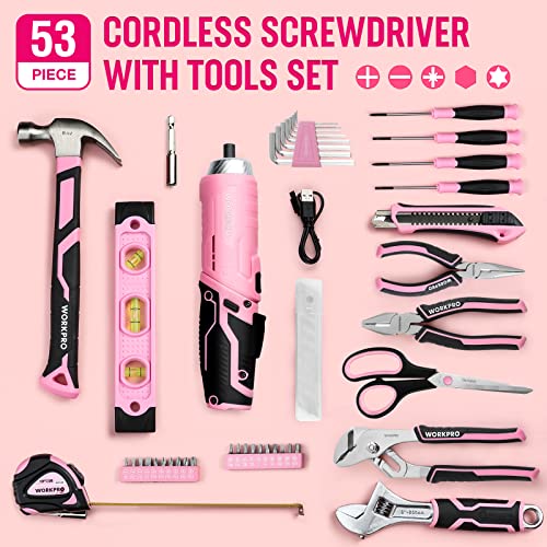 WORKPRO 53-Piece Pink Tool Set with Cordless Screwdriver & Tool Bag