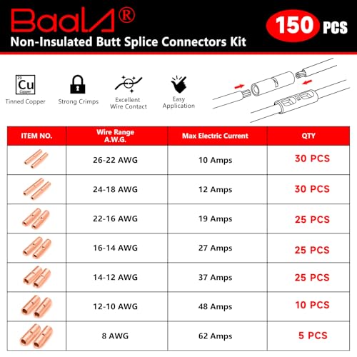BAALA 150 PCS Non Insulated Butt Connectors Kit Pure Copper, 26-8 Gauge Butt Splice Connector Wire Connectors, Seamless Barrel Crimping Butt Terminals - color: Bare Copper