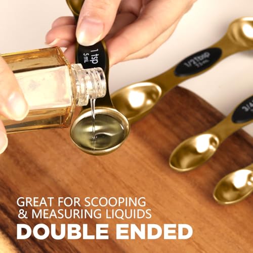 ChefAide Set of 8 Magnetic Measuring Spoons, Stainless Steel, Dual Sided - color: Gold, size: Magnetic Measuring Spoons