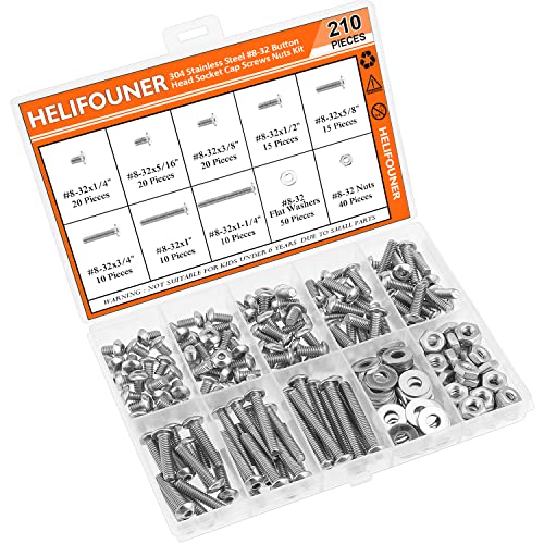 HELIFOUNER 210 Pieces #8-32 x 1/4" 5/16" 3/8" 1/2" 5/8" 3/4" 1" 1-1/4", Button Head Socket Cap Screws Bolts Washers Nuts Kit, Coarse Thread, Fully Machine Threaded, 304 Stainless Steel - size: #8-32, style: Button Head
