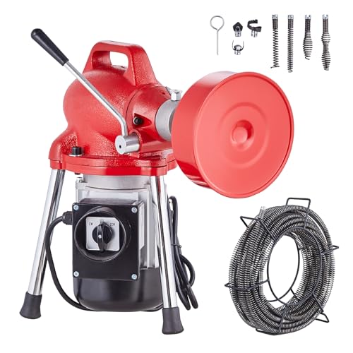 VEVOR Drain Cleaner Machine 66FT x 5/8 Inch, 250W Electric Sewer Snake Auger with 2 Sectional Steel Cables (66' x 5/8" and 15' x 3/8"), 7 Cutters and CW/CCW Control for 1.6" to 4" Pipes - style: 66Ft x 5/8Inch & 7 Cutters