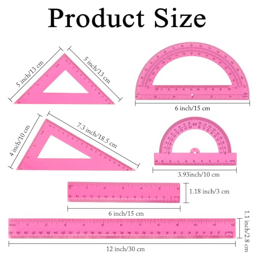 Plastic Clear Ruler Math Set, 6" | 12" Straight Ruler Protractor, 2 Protractors 180 Degree 2 Triangle Rulers 45 | 60 Degree 2 Straight Rulers Measuring Tool for School Office Home Supplie,Pink - color: Pink