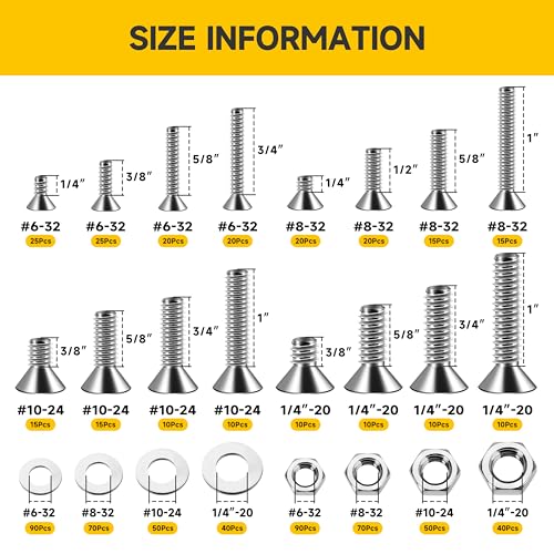 Mywish 750Pcs #6-32#8-32#10-24 1/4-20" Nuts and Bolts Assortment Kit, Phillips Flat Head Assorted Screws Nuts and Bolts, 304 Stainless Steel Machine Screw Assortment Kit - style: 750Pcs SAE Flat Head