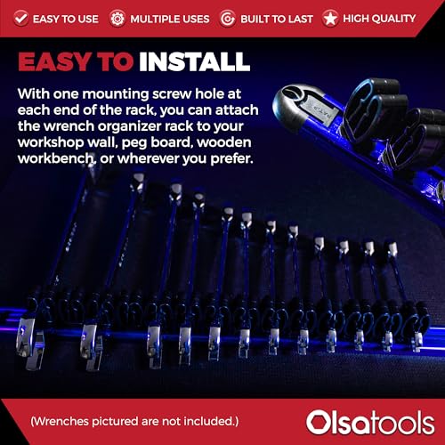 Olsa Tools Wall Mount Wrench Organizer - Rotating Clip Rack for 14 Wrenches - Blue Anodized Aluminum with Black Clips - Space Saving Tool Holder - Professional Grade Storage Solution - Part: 1029 - style: Blue Aluminum + Black Clips