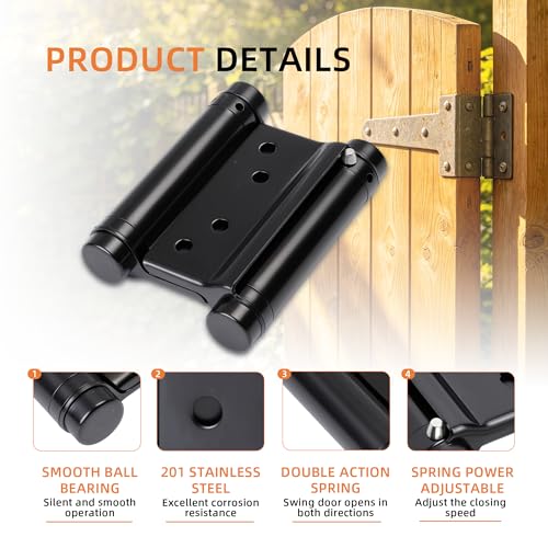 3" Double Action Spring Hinges, Self Closing Door Hinges for Saloon Cafe Pub Swinging Doors, 201 Stainless Steel, Including Pins and Screws, 4-Pack