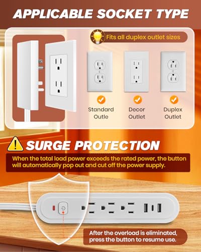 Saker 8ft Surge Protector, 3 Outlets, 3 USB, Flat Plug, White - style: 8ft Surge Protector with USB Ports