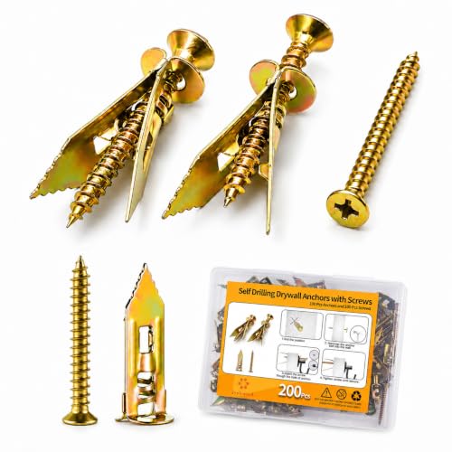Jyphorixal 200 PCS Self Drilling Drywall Anchors with Screws Kit, Heavy Duty Metal Wall Anchors for Drywall, Sheetrock Anchors 0.47x1.18inch with Screws, No Drill Dry Wall Anchors and Screws Kit - size: 200Pcs 0.47X1.18inch