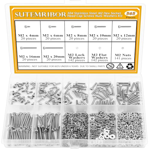 565 Pieces M2 Screws Nuts Washers Set, Sutemribor M2 x 4/6/8/10/12/16/20mm Hex Socket Head Cap Screws Nuts Washers Assortment Kit, 304 Stainless Steel, Fully Threaded - size: M2, style: Socket Head
