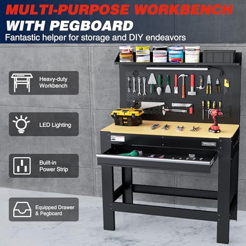 WORKPRO 45" Workbench with Pegboard, Power Outlet & LED Light - size: 48 inch