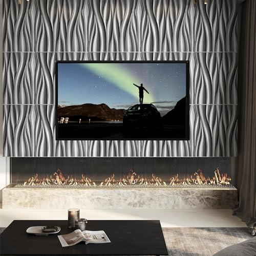 STICKGOO Wave 3D Wall Panels, Brushed Silver, 19.7''x19.7'', Pack of 12 - color: Deep Brushed Silver
