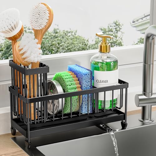 Cisily Sponge Holder for Kitchen Sink, Sink Organizer with Brush Holder - color: Black - 9.25″