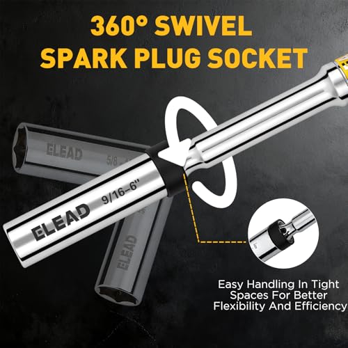 9/16" Swivel Magnetic Spark Plug Socket, 3/8" Drive x 6" Total Length, Thin Wall Spark Plug Removal Tool, 360 Degree Swivel, Enhanced Magnetic, 6-Point Design, Cr-V Steel - size: 9/16" x 6" Spark Plug Socket