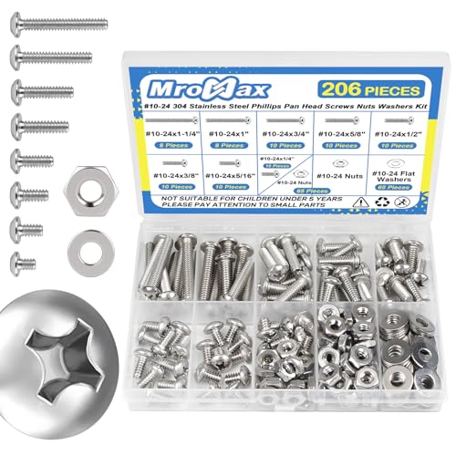 206Pcs #10-24 x 1/4" to 1-1/4" Pan Head Machine Screws Nuts Washers Kit - size: #10-24