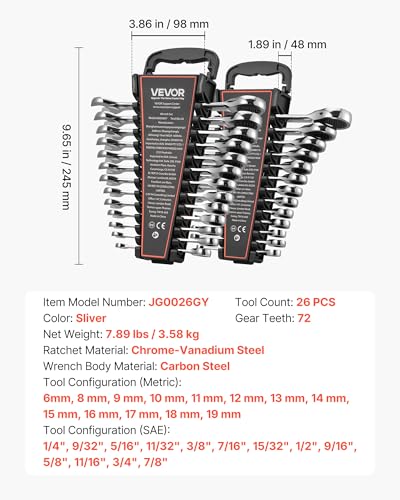 VEVOR Combination Wrench Set, 26-Piece SAE and Metric, 72 Teeth, Cr-V Steel Ratcheting Wrench Set, with Rack Organizer, Open End, Clear Size Labels, for General Household, Automotive Repairs, Silver - size: 26PCS (Metric&SAE), style: Regular