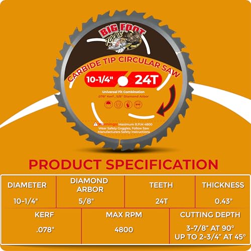 Big Foot 10 1/4 Circular Saw Blade 36 Tooth Carbide Tipped Circular Saw Blade - 10-1/4" Diameter - 5/8" Arbor