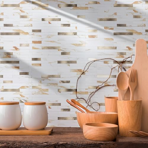 StyloVue 20 Sheets Peel and Stick Backsplash for Kitchen, 2026 Upgraded Calacatta Gold with Metal Glod Look Stick on Tile Upgrade Your Kitchen Backsplash, RV, Fireplace - color: Calacatta Gold With Metal Gold