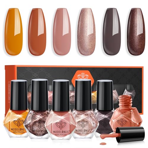 modelones Nail Polish Set, 6 Colors Nude Brown Maroon Nail Lacquer Kit - color: C2 Orange Brown