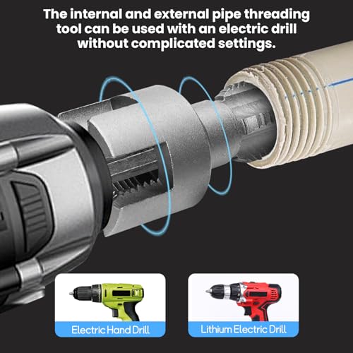 PVC Pipe Threader Kit, 1/2" and 3/4" Internal External Threading Tool with Seal Tape, Electric Drill Compatible for Plastic Pipe Plumbing Repair and Maintenance