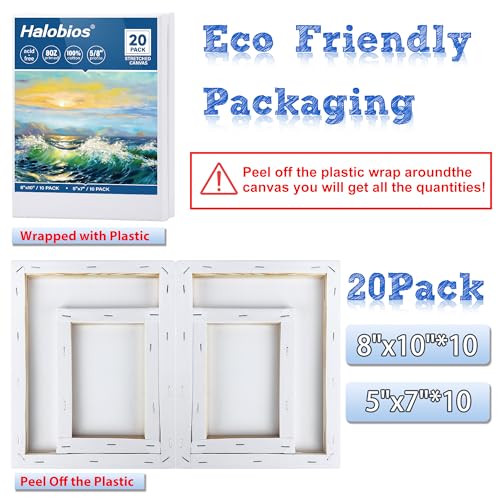 Halobios Professional Stretched Canvas for Painting with 8x10 inch, 5x7 inch (10 of Each), 20 Packs Blank Canvases Art Supplies for Acrylic, Oil, Pouring,100% Cotton, Primed, 5/8 Inch Profile - size: 20 Pack Mixed - 8×10IN 5×7IN