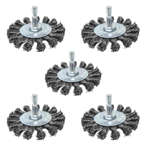 LINE10 Tools 5pk 3" Knotted Wire Brush for Drill Set, 1/4" Hex Shank Impact Twisted Wire Brush Attachments for Metal Welding Cleaning, Heavy Duty Round Circular Wheel Brushes Rust Paint Removal Kit
