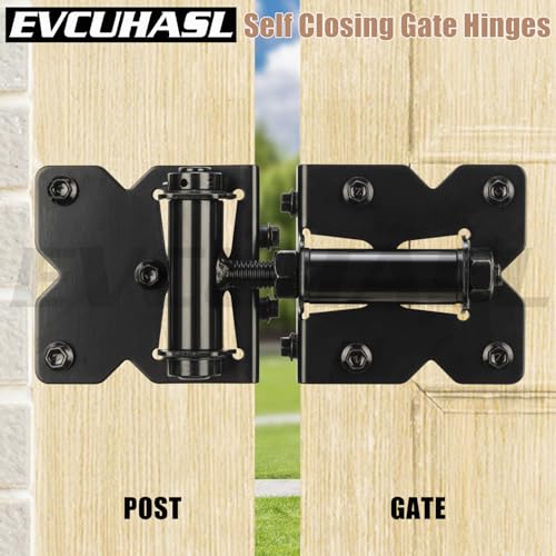 Self Closing Gate Hinges Heavy Duty for Vinyl/Wooden Fence Gates, 90 Degree Adjustable Gate Door Hinges Hardware Kit with Swing Adjuster Tool and Self-Tapping Screws, 2 Pack, Non-Weld Black Finish