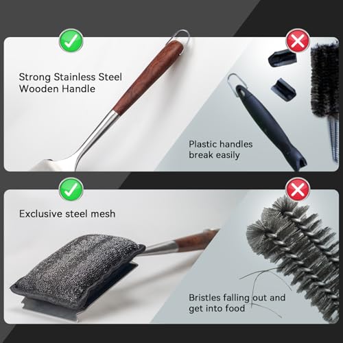 Bristle-Free Steam Cleaning Grill Brush Kit – Luxurious Long Rosewood Handle, Includes 1 Replacement Head – Safe BBQ Grill Cleaning for Outdoor Grill – Great Gift for Men/Dad - color: Steel Fibers Steam Brush