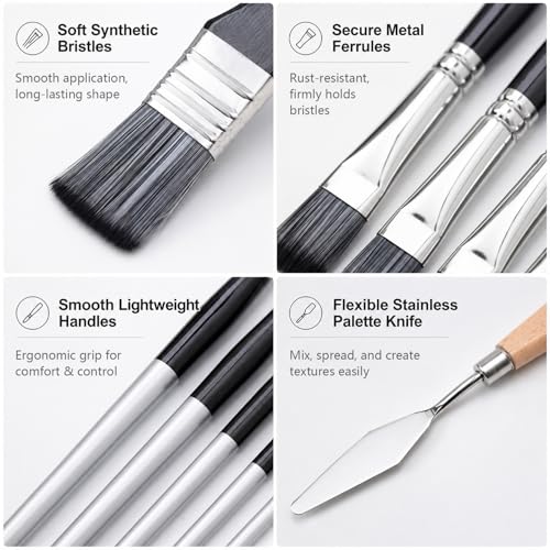 JYN‑ANREN 24Pcs Paint Brush Set, Professional 9 Shapes: Wide Flat, Filbert, Fan, Dagger, Cat Tongue, Round etc, for Acrylic, Oil, Watercolor, Includes Palette Knife & Waterproof Canvas Roll