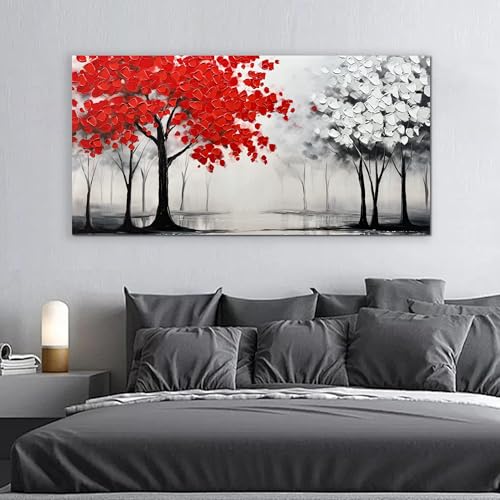 AUUZAIUA Large Canvas Wall Art Red and White Misty Forest Painting 24"x48" - size: 24"L x 48"W
