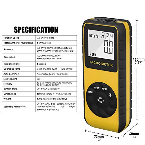 Photo Tachometer Non-Contact 7.0-99,999 RPM Speed Meter, AIOMEST Laser Automotive Speedometer, Tach Gauge Tester Measure RPM for Car Truck Motorcycle Engine Lawn Mower with Data Logging AI-9235C - color: yellow