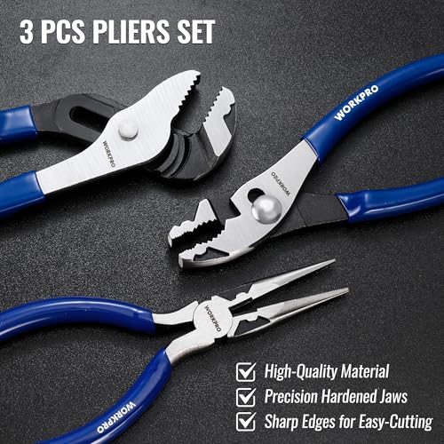 WORKPRO Pliers Set, 3-Piece Plier Tool Set with Soft Handle - color: Blue
