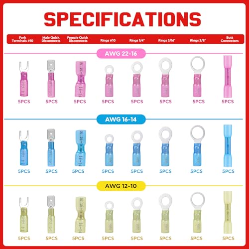 Wire Crimping Tool AWG 22-10 with 120PCS Heat Shrink Wire Connectors, Electrical Crimping Tool for Heat Shrink, Nylon, Non-Insulated Connectors, Wire Crimper Kit for Ring Fork Spade Splice