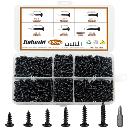 600pcs M3 Phillips Pan Head Self-Tapping Wood Screws, 6 Sizes Cross Recessed Round Head Screws Assortment Kit, Black Carbon Steel for Wood/Plastic/Soft Metal, Sharp Point - size: M3x5/6/7/8/10/12-600Pcs