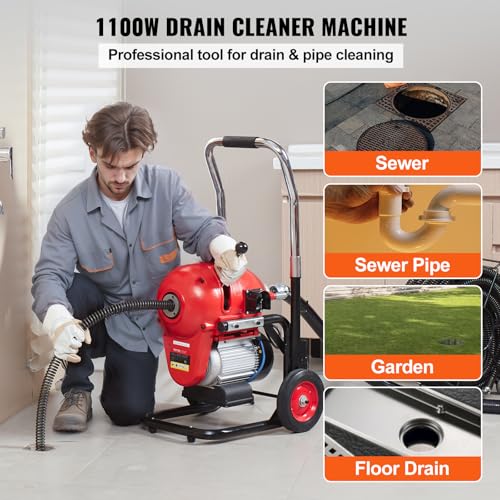 VEVOR Drain Cleaner Machine 120FT x 6/5 Inch, 1100W Electric Sewer Snake Auger Manual Feed - with 6 Cutters and CW/CCW Control for 4" to 8" Pipes - style: 120Ft x 6/5Inch & 6 Cutters