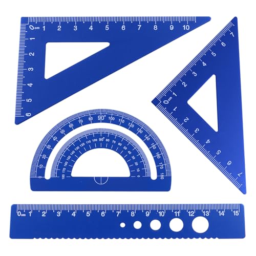 4 Pcs Triangular Ruler Set, Aluminum Alloy Geometry Tools, Metal Drafting Ruler for Students, Draftsmen, Engineers, School Office Supplies with Protractor & Metric Scales (Blue) - color: Blue
