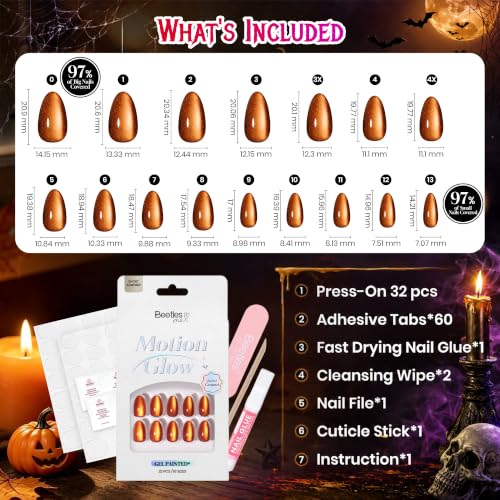 Beetles Cat Eye Press On Nails Short Almond, 32PCS, Pumpkin Spice Halloween - color: 3A - Burnt Caramel - S